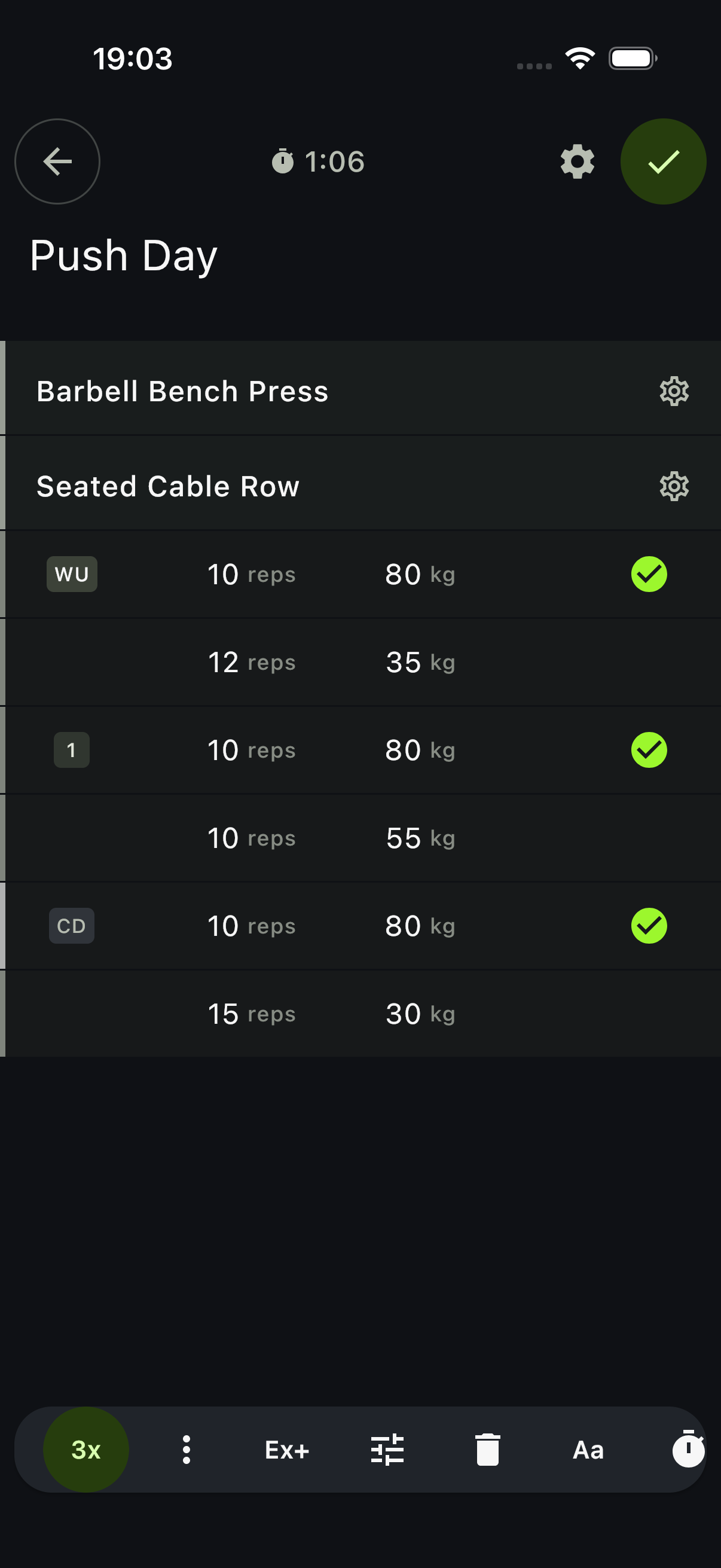 Completed bench press and cable row sets in the Notch gym workout log