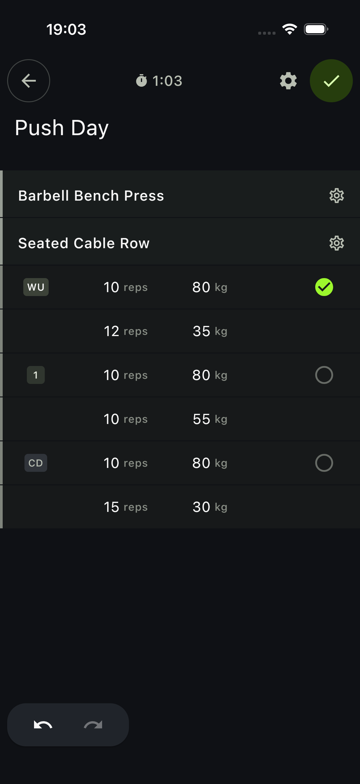 Notch mobile workout tracker showing bench press and seated cable row in a compound set