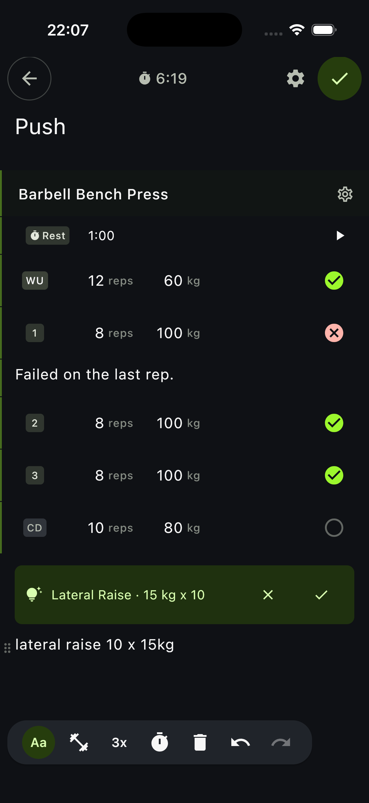 Screenshot of a workout in the Notch app